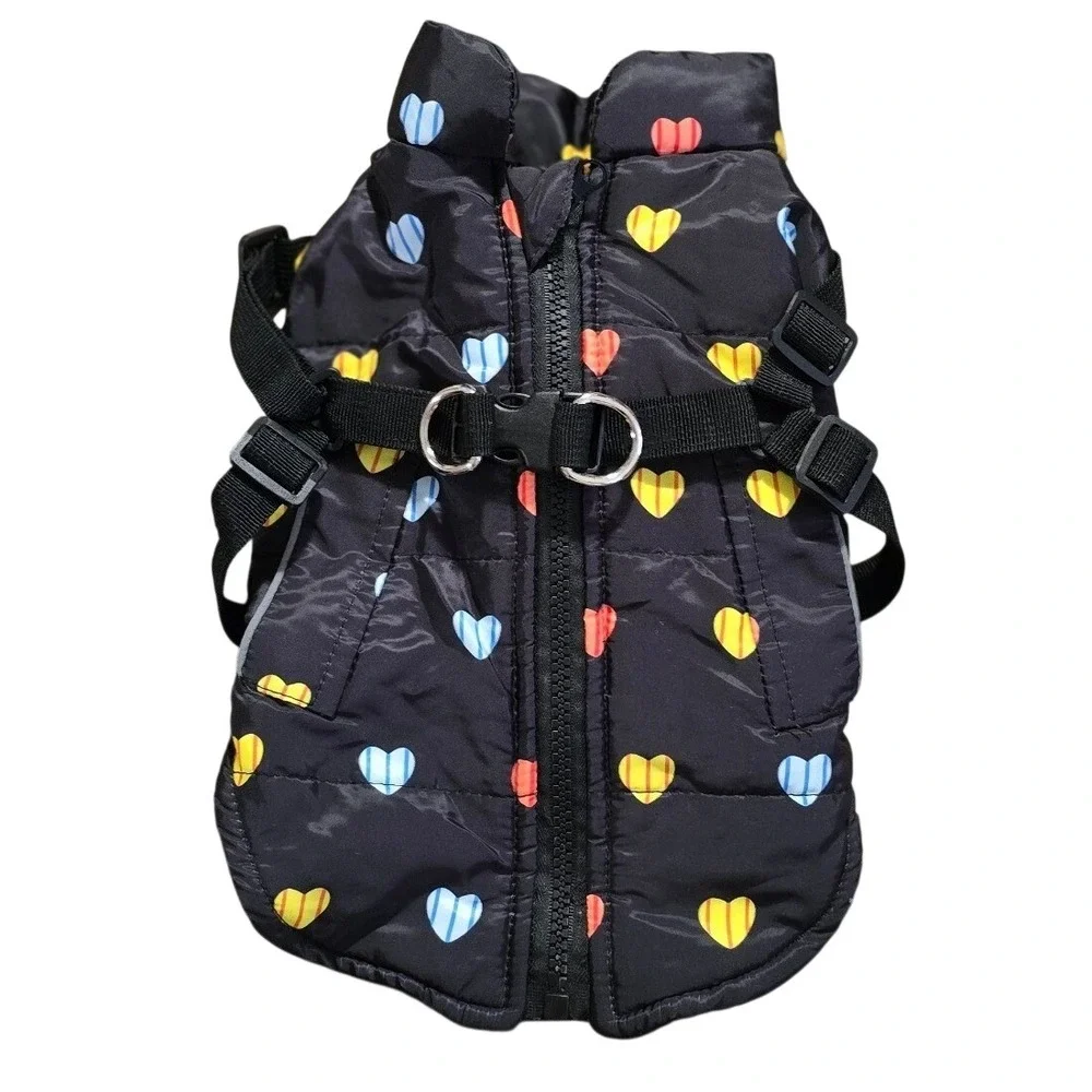 Black Heart Print Dog Puffer Vest Jacket with Built-in Harness Fleece top zip‎